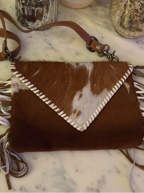 Myra Bag Brown and White Cowhide Fringe Crossbody